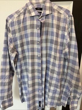 BOSS Men's Blue and White Plaid Button-Down Shirt